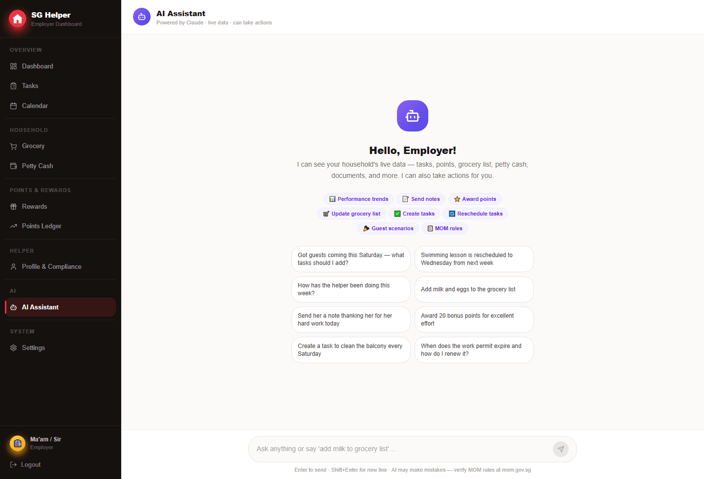 SG Helper AI assistant screen where an employer reviews proposed household actions before approval.