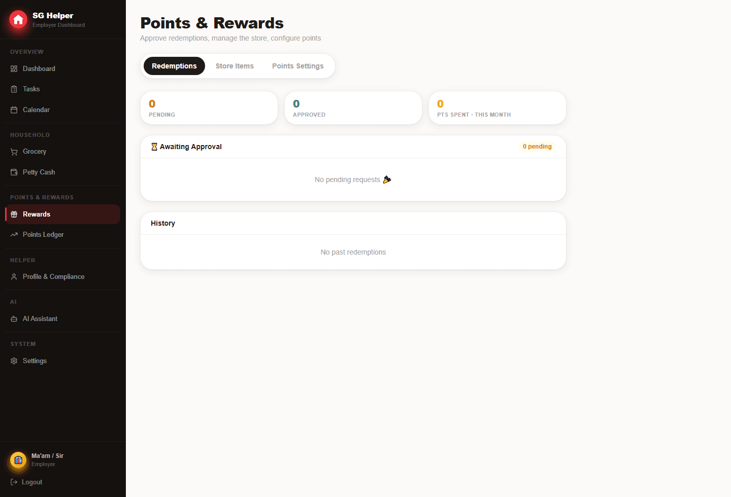 SG Helper employer rewards screen for approving redemptions and configuring points.