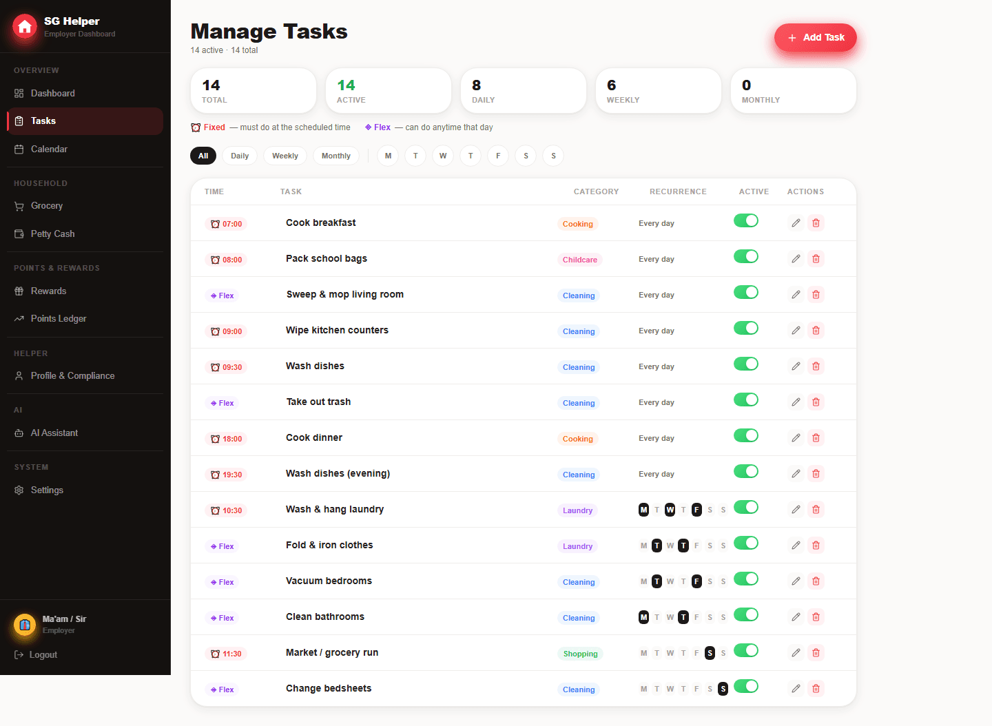 SG Helper task planner showing fixed times, flexible tasks, recurrence and weekday scheduling.