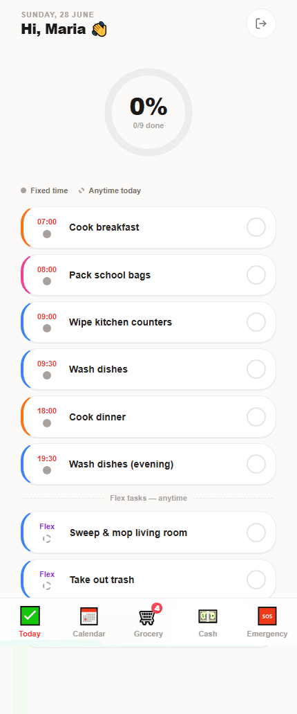 SG Helper helper mobile view used after onboarding to show a calm daily task list.