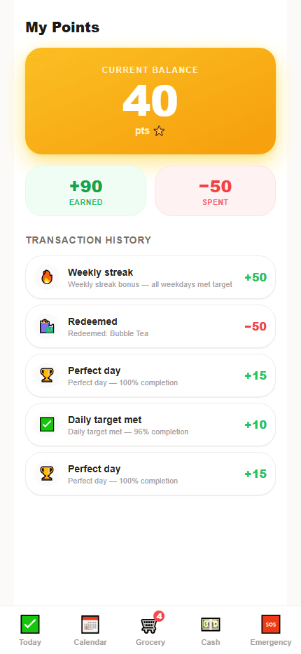 SG Helper helper points screen showing points balance, earned points and reward history.